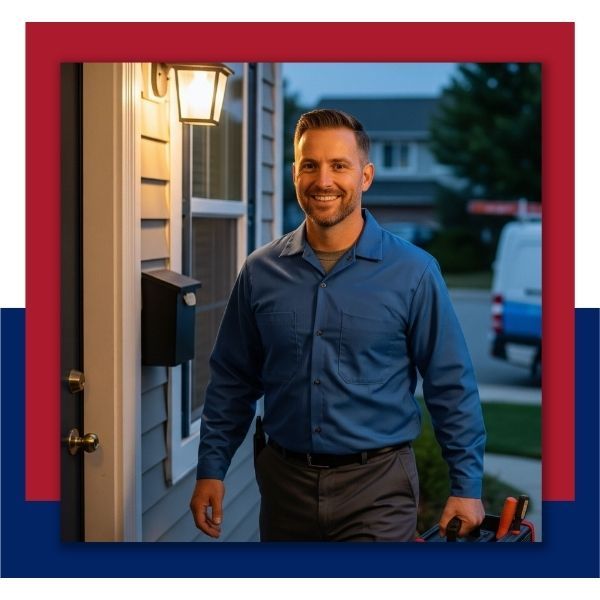 A smiling male technician in a blue uniform shirt stands on a residential porch at night, holding a toolbox and looking toward the camera.