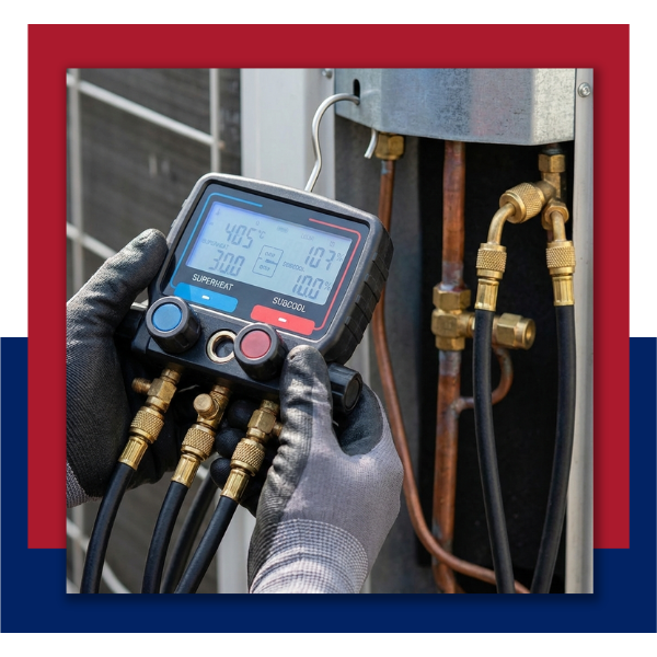 Close-up of an HVAC technician using a digital manifold gauge on AC refrigerant lines.