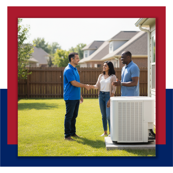 Staten tech shaking hands with happy clients after a new HVAC install