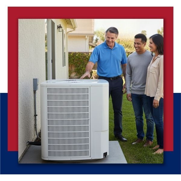 A smiling HVAC technician in a blue polo shirt points to an outdoor air conditioning unit while standing with a smiling male and female customer.