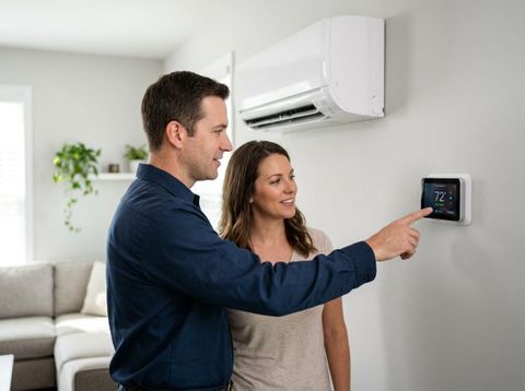 Couple adjusting smart thermostat and HVAC system
