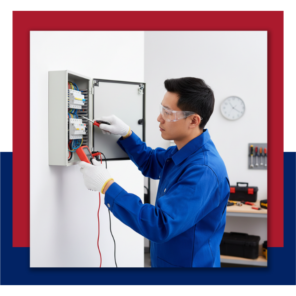 A focused technician wearing safety glasses and a blue uniform using a multimeter to inspect a white residential electrical panel.