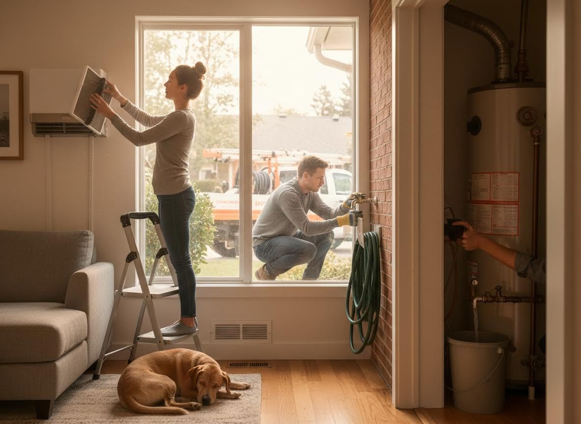Family performing home maintenance tasks, including AC cleaning, outdoor faucet repair, and water heater draining, with a dog resting