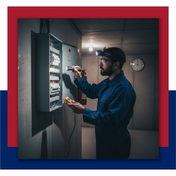 A technician wearing a headlamp and goggles checks an electrical panel with a multimeter and flashlight in a dimly lit utility or basement area. A technician wearing a headlamp and goggles checks an electrical panel with a multimeter and flashlight in a dimly lit utility or basement area.