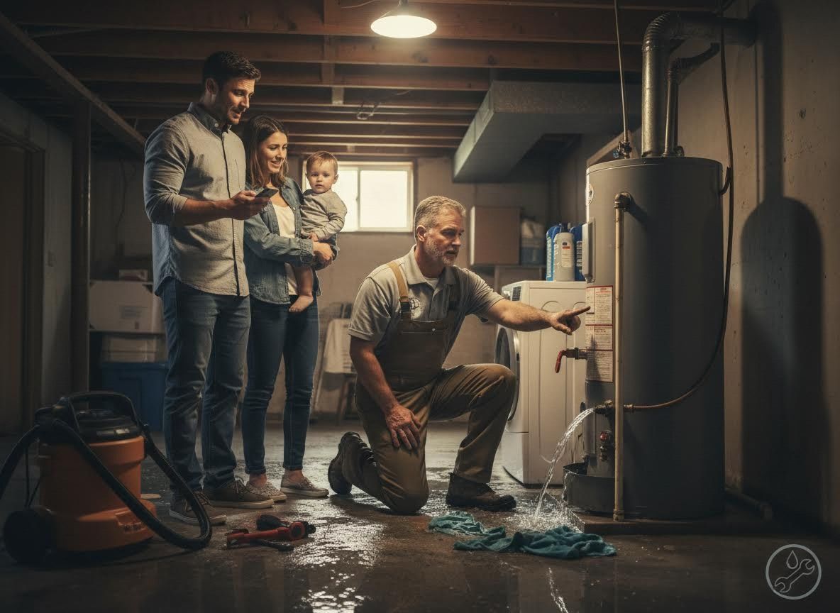Plumber fixing a leaking water heater for a family in a basement