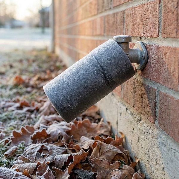 An exterior home water faucet is protected by an insulated foam cover against a backdrop of frosty autumn leaves.