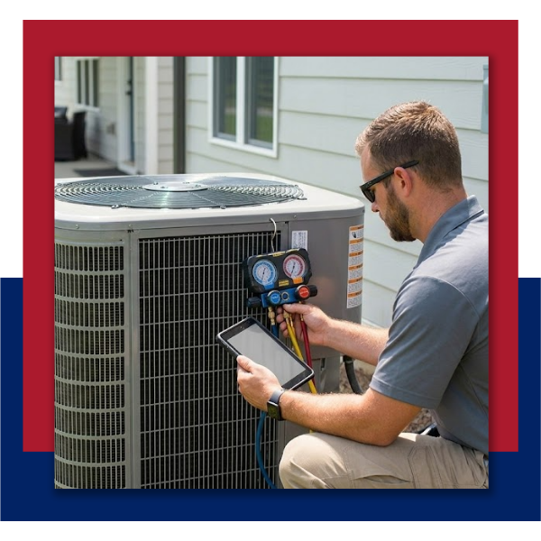 HVAC technician performing maintenance on AC unit