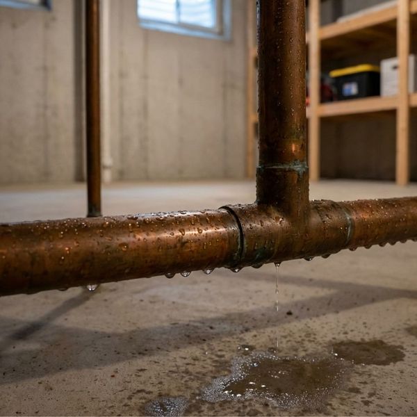 A close-up of copper plumbing pipes in a basement showing visible condensation beads on the metal surface.