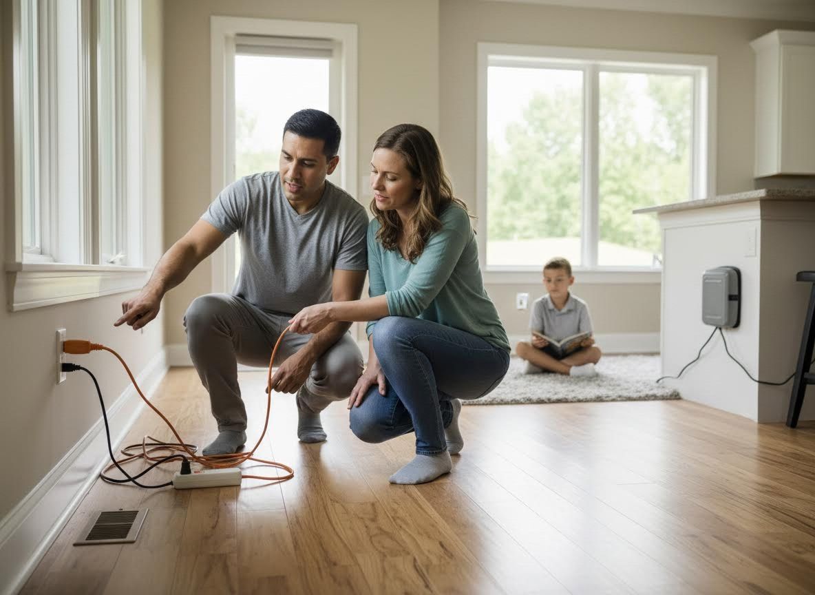 Family inspecting electrical cords and outlets