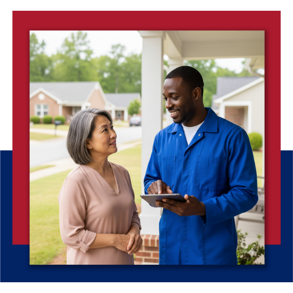 A friendly service technician in a blue uniform discussing service options on a tablet with a homeowner outside a house in Travelers Rest, SC.
