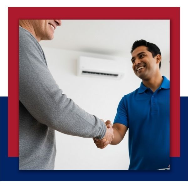 A close-up shot of a technician in a blue shirt shaking hands with a smiling customer in an indoor setting with a ductless mini-split unit visible in the background. A close-up shot of a technician in a blue shirt shaking hands with a smiling customer in an indoor setting with a ductless mini-split unit visible in the background.