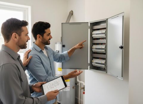 Two men discussing an open electrical panel with a blueprint on a tablet