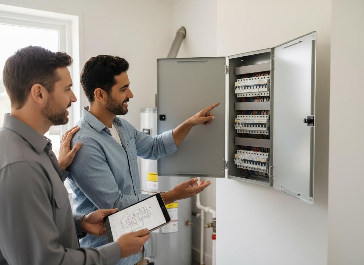 Two men discussing an open electrical panel with a blueprint on a tablet