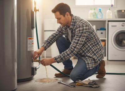 A man in a plaid shirt crouches to drain discolored water from a water heater into a garden hose. Tools lie nearby on the concrete floor. Man Draining Water Heater