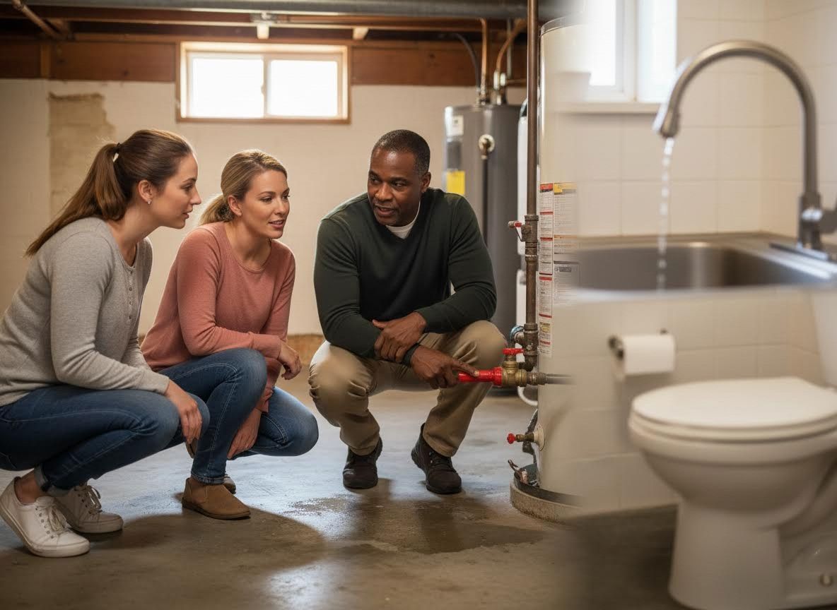 Man explaining water heater to two women in basement