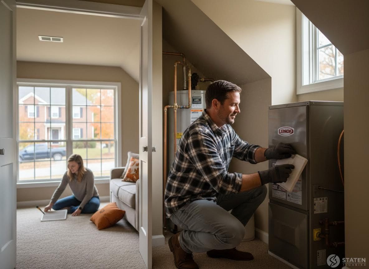 Technician servicing HVAC unit while woman works in background