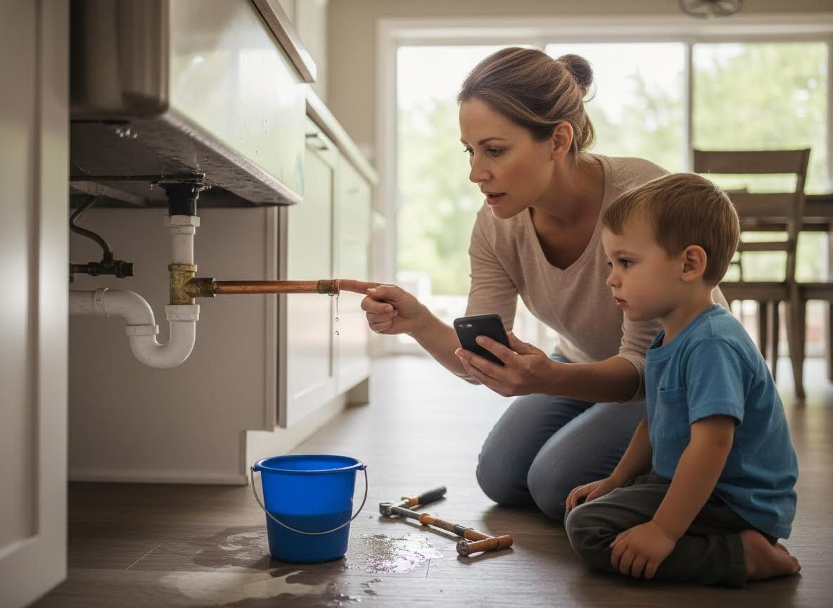 Woman and child looking at a leaking pipe under a kitchen sink