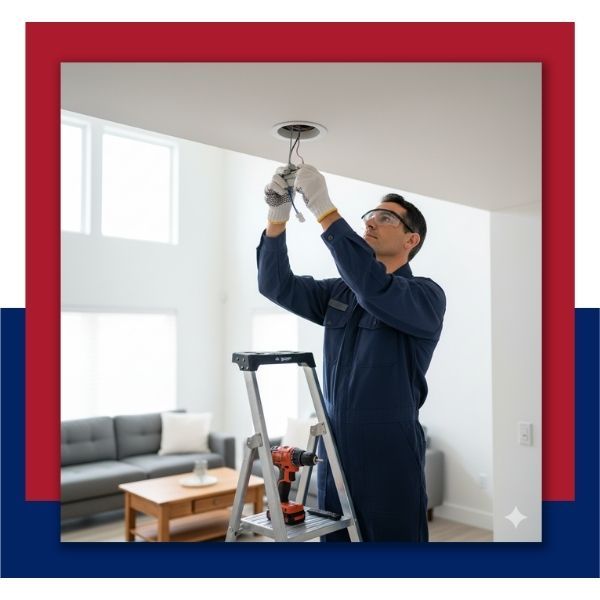 professional male electrician installing a modern light fixture in a residential living room, symbolizing safe electrical solutions and upgrades. professional male electrician installing a modern light fixture in a residential living room, symbolizing safe electrical solutions and upgrades.