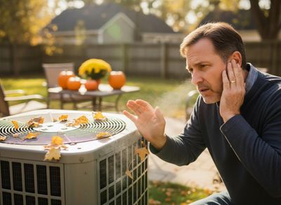 A man with a concerned expression holds his hand to his ear while examining a smoking outdoor HVAC unit covered in autumn leaves. Man Troubleshooting Noisy Outdoor HVAC Unit in Fall