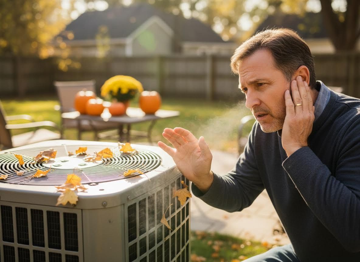 Man Troubleshooting Noisy Outdoor HVAC Unit in Fall