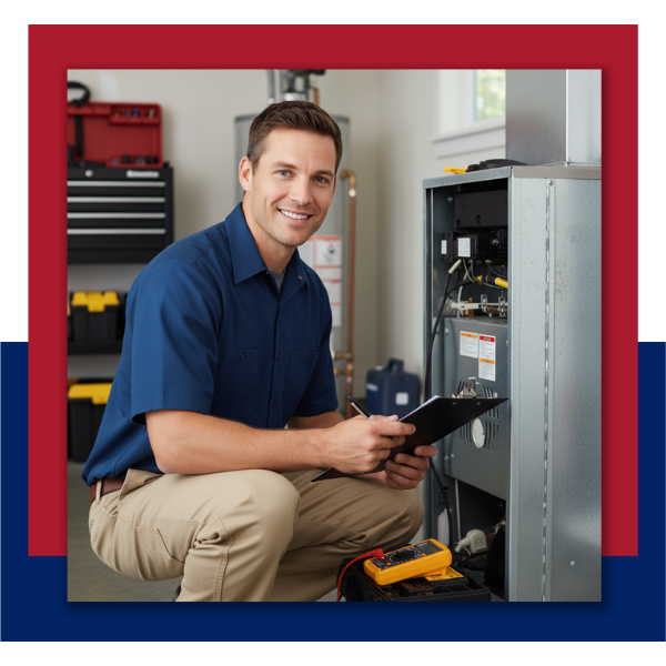 A smiling HVAC technician kneeling in a utility room while performing a maintenance inspection on a modern indoor furnace system.