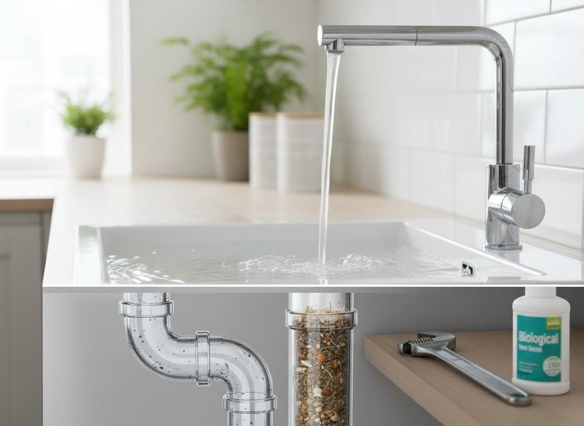 Kitchen Sink with Clogged Pipes and Drain Cleaner