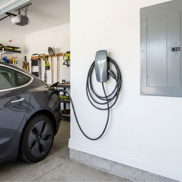 A modern electric vehicle charging station plugged into a car sits next to a closed electrical breaker panel in a clean garage.