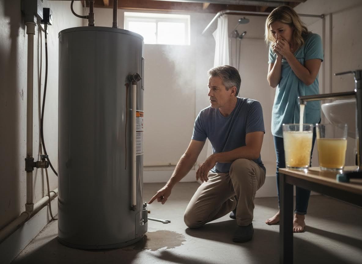 Homeowners dealing with a broken water heater and contaminated water