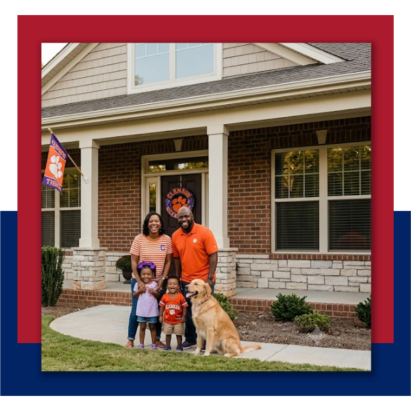 happy clemson homeowners outside of home