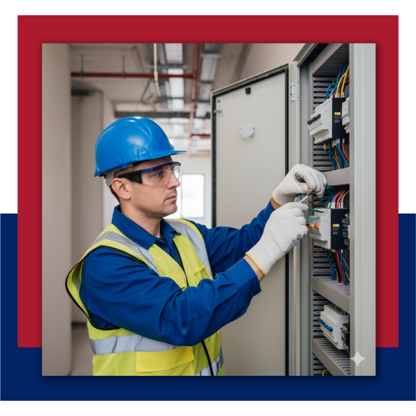 A professional electrician in a blue uniform, yellow safety vest, and blue hard hat carefully wiring a large industrial-style electrical panel.