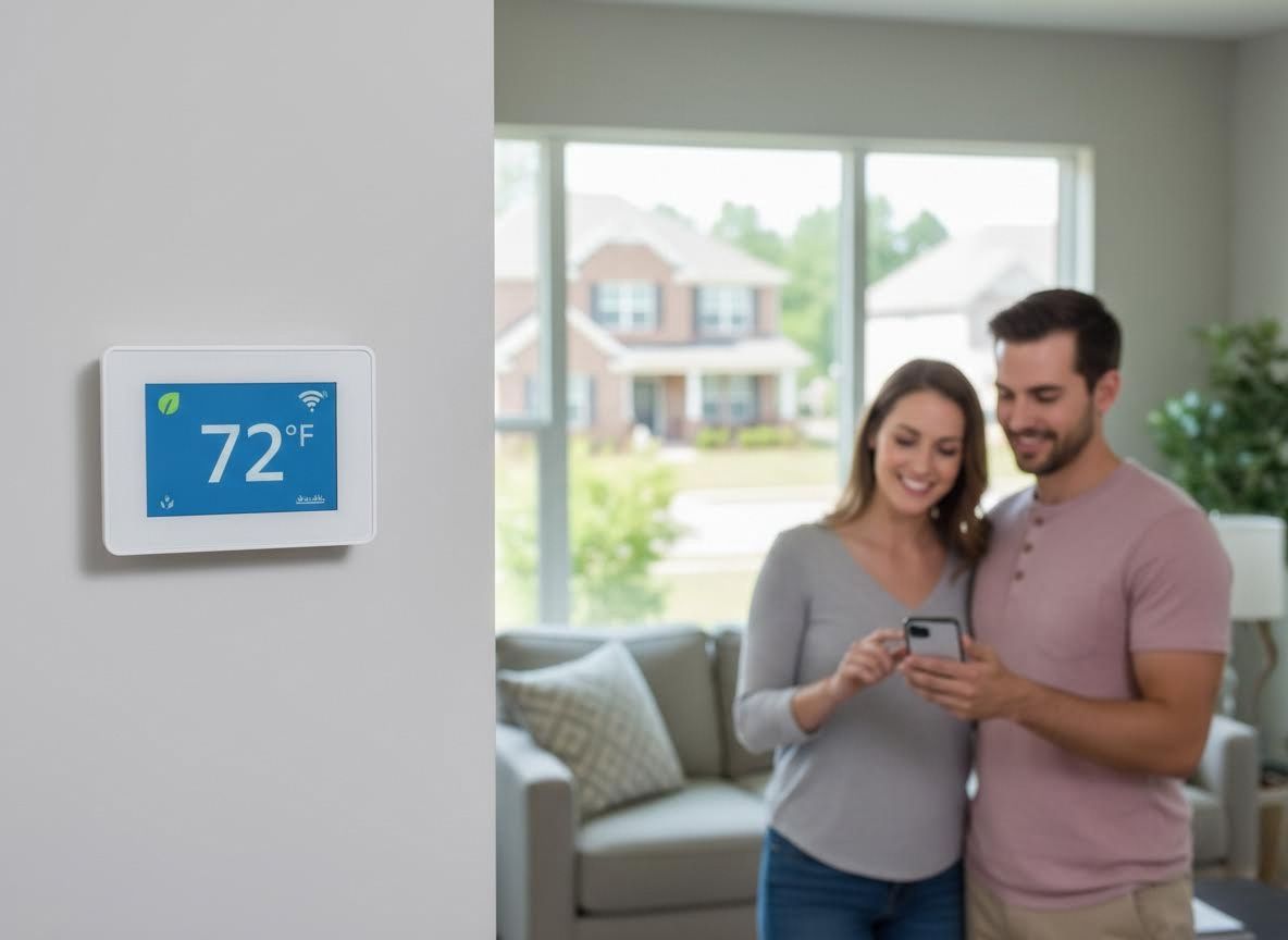 Smart thermostat showing 72°F with a couple using a smartphone