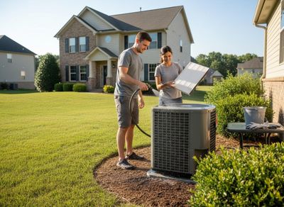 A couple cleans their outdoor AC unit and filter with a hose in a sunny suburban yard, performing home HVAC maintenance. Couple Cleaning Outdoor HVAC Unit and Filter