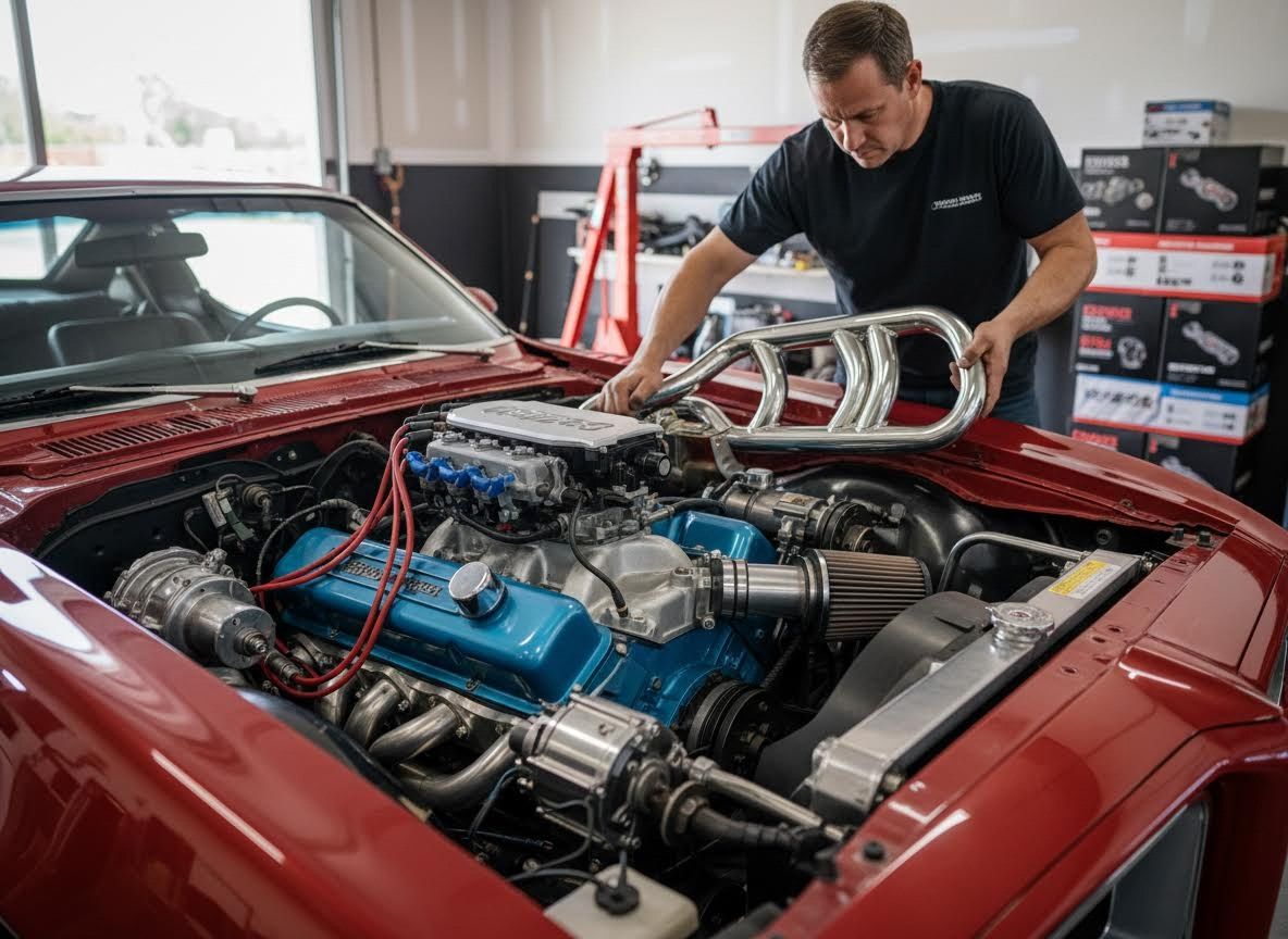 Man installing exhaust manifold on classic car engine