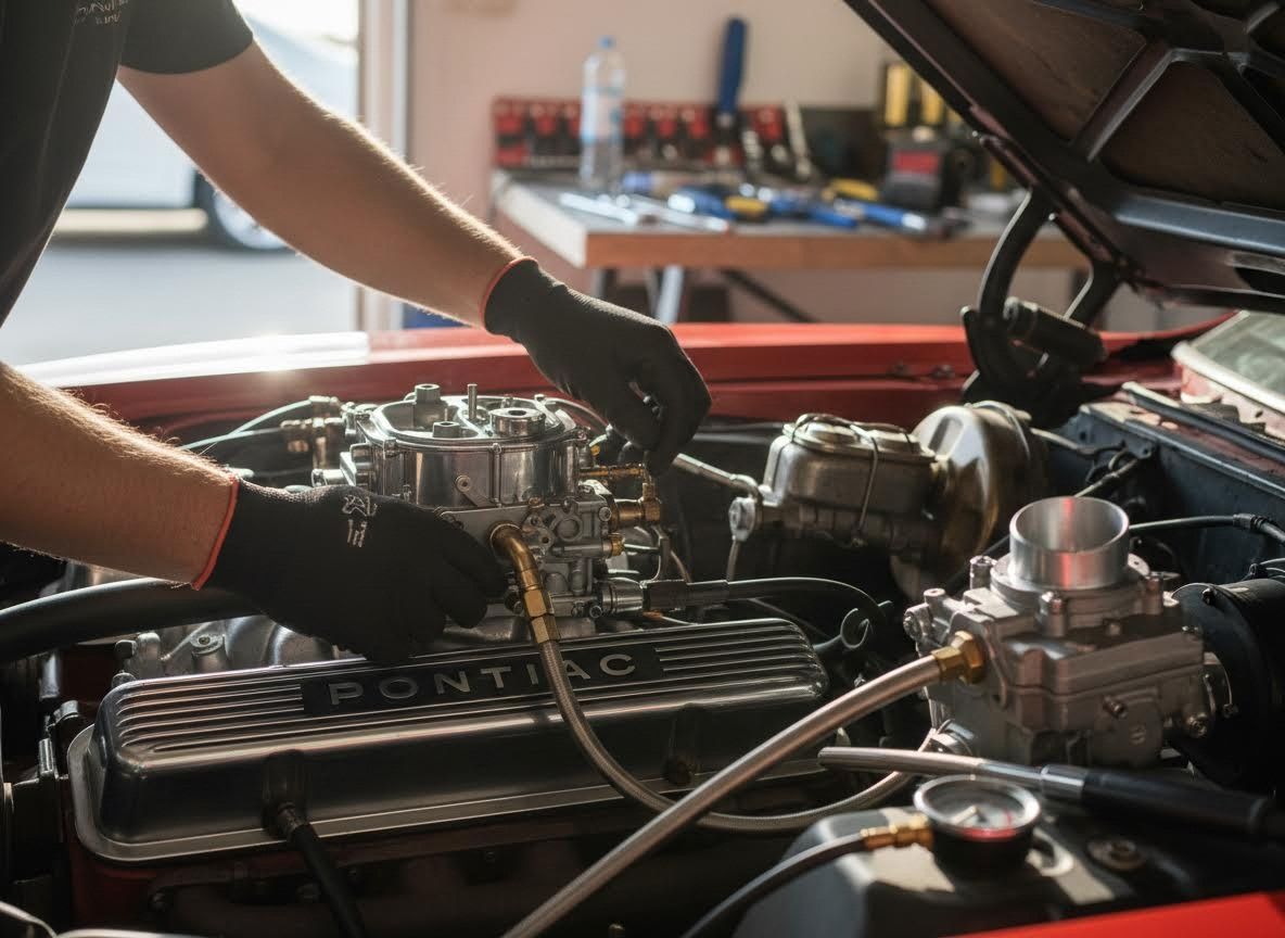 Mechanic working on a classic Pontiac engine