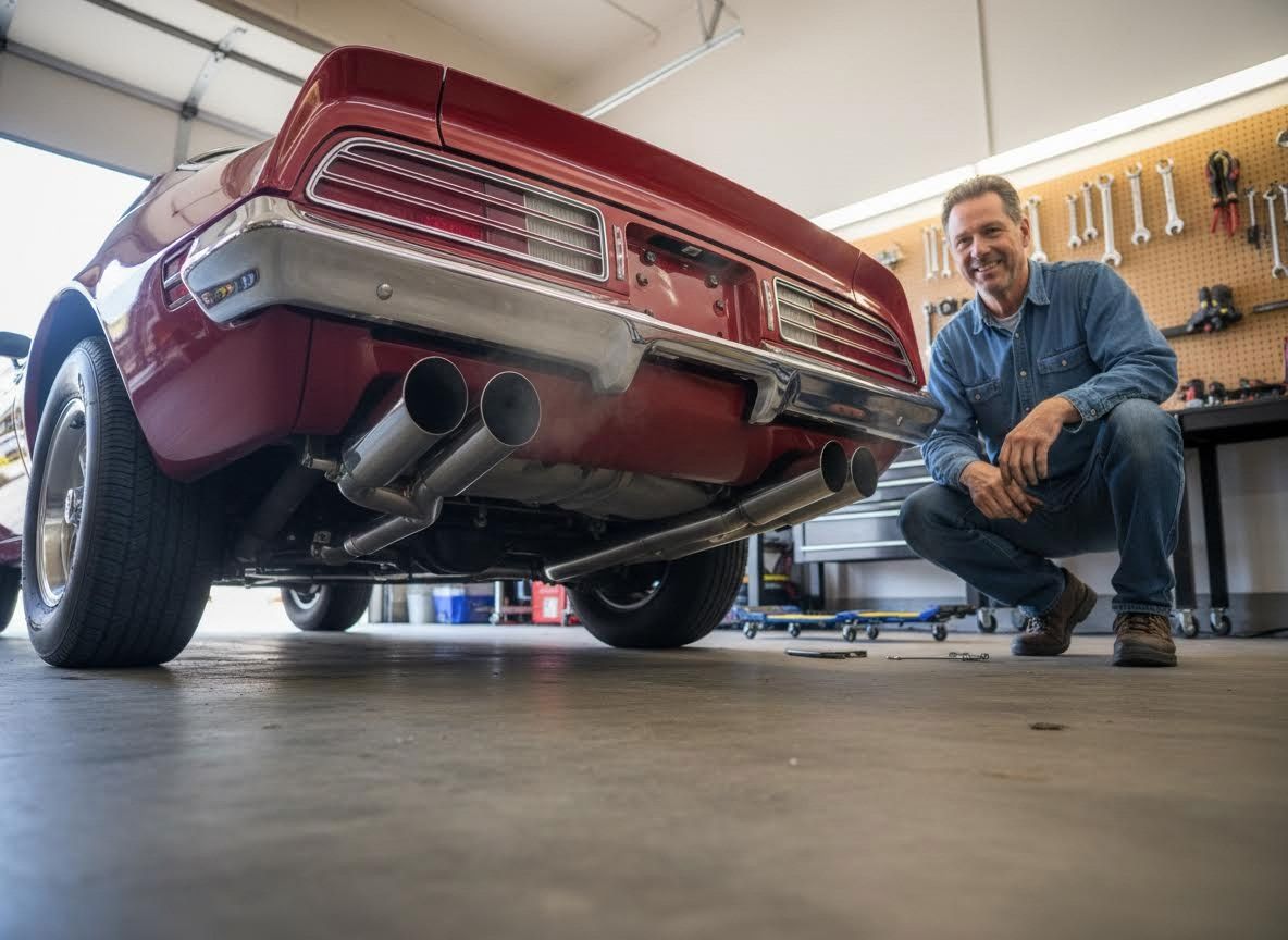 Man with Classic Red Car in Garage