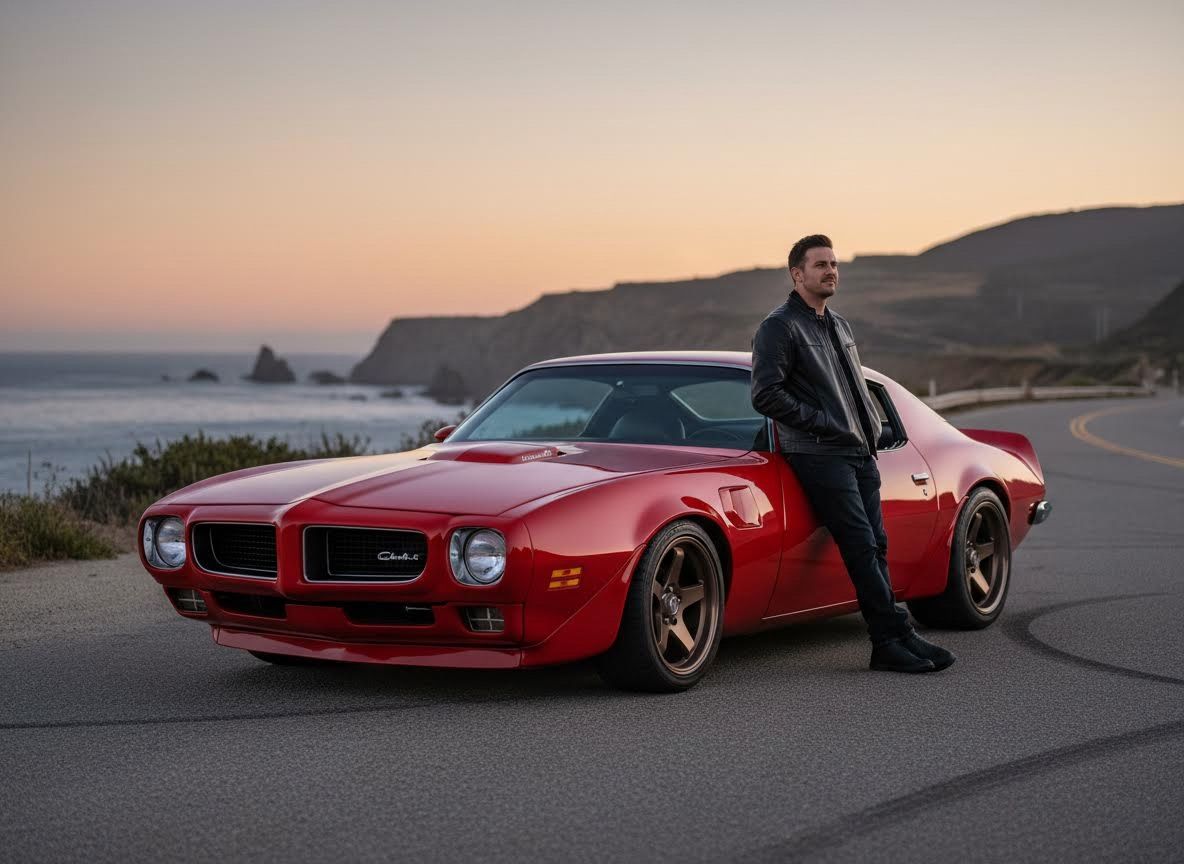 Man with Red Classic Car by the Ocean at Sunset