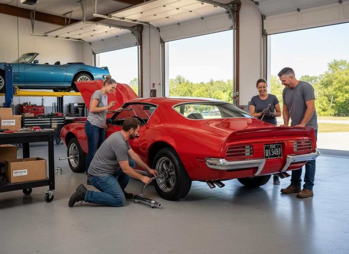 Team Working on Vintage Car