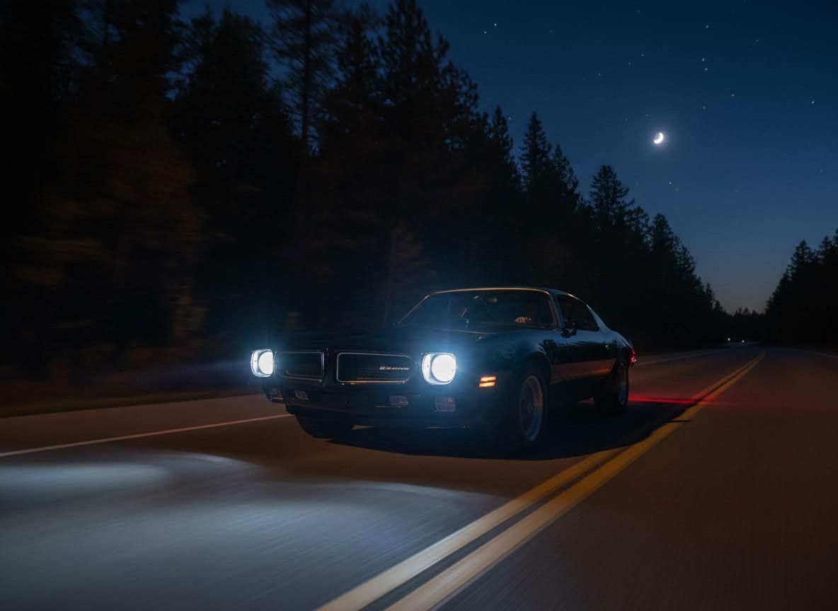 Classic Muscle Car Driving at Night Under a Crescent Moon