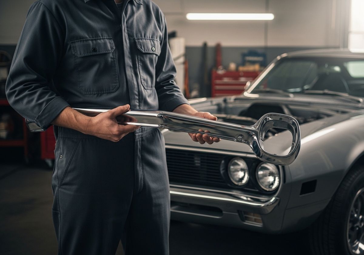 Mechanic holding a shiny chrome car part in front of a classic car