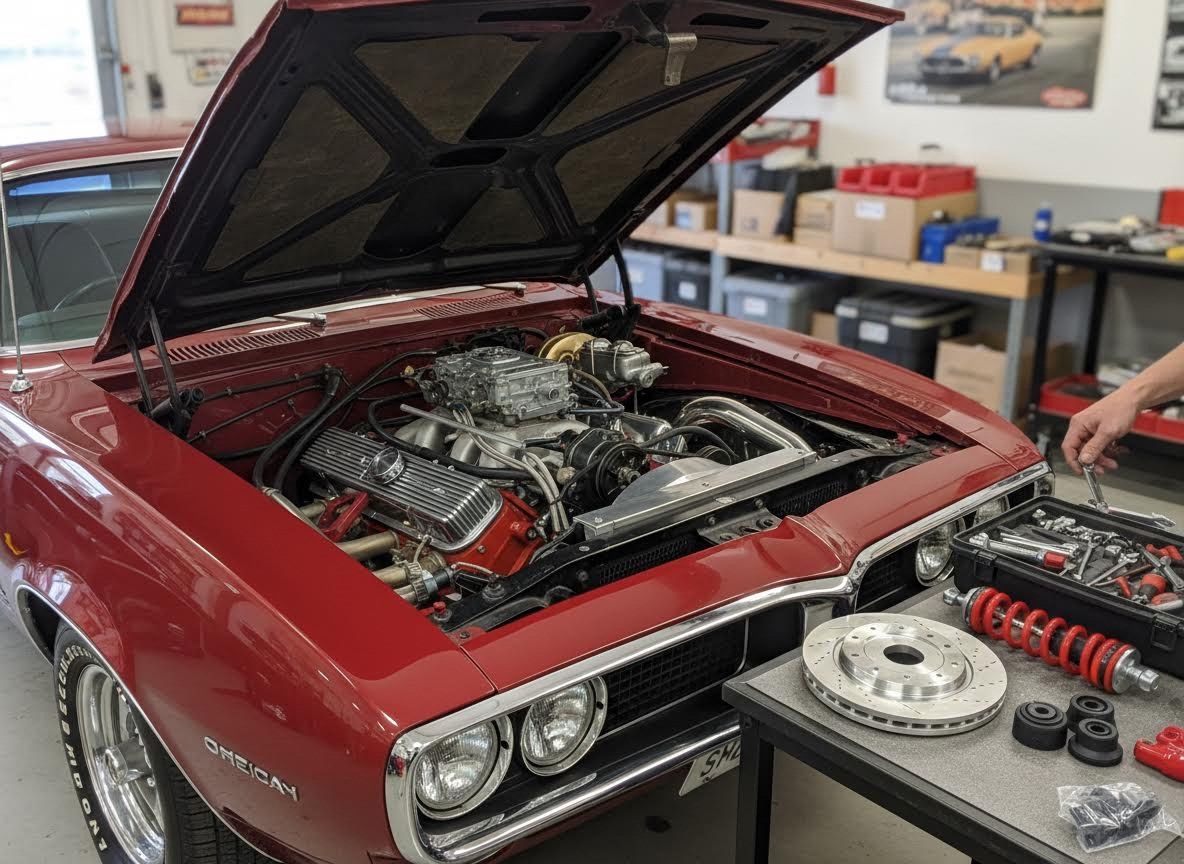 Vintage Red Muscle Car Engine with Mechanic Tools