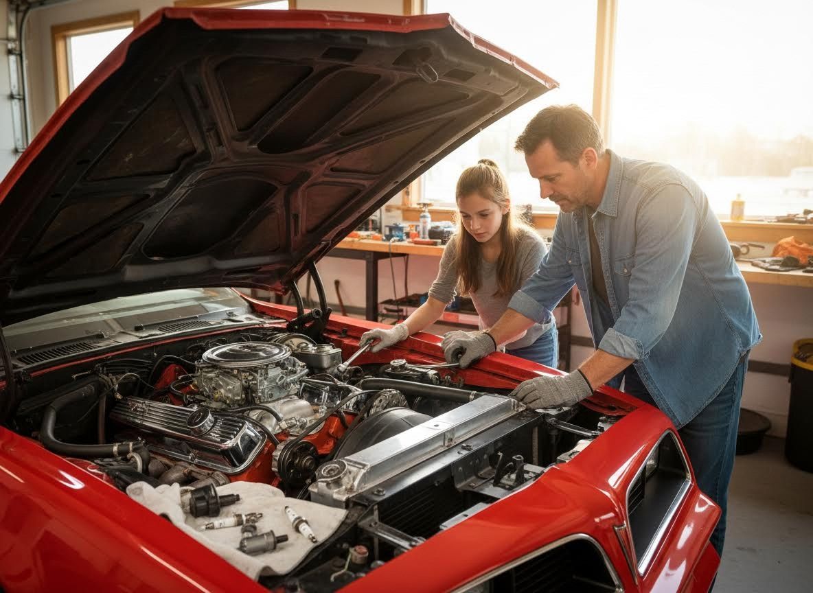 Father and daughter repairing classic car engine