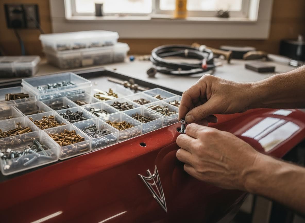 Close-up of hands working on a red car part with fasteners