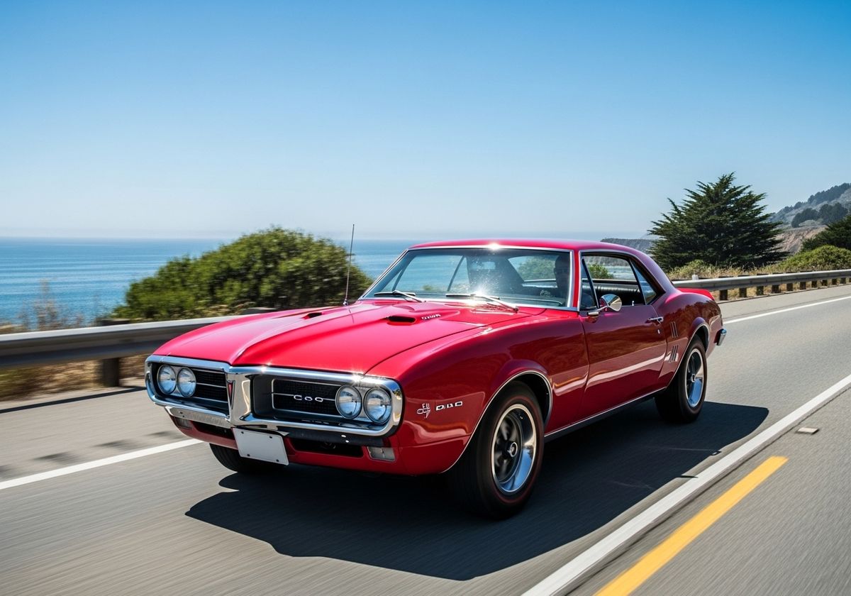 Red 1967 Pontiac Firebird on Scenic Coastal Highway