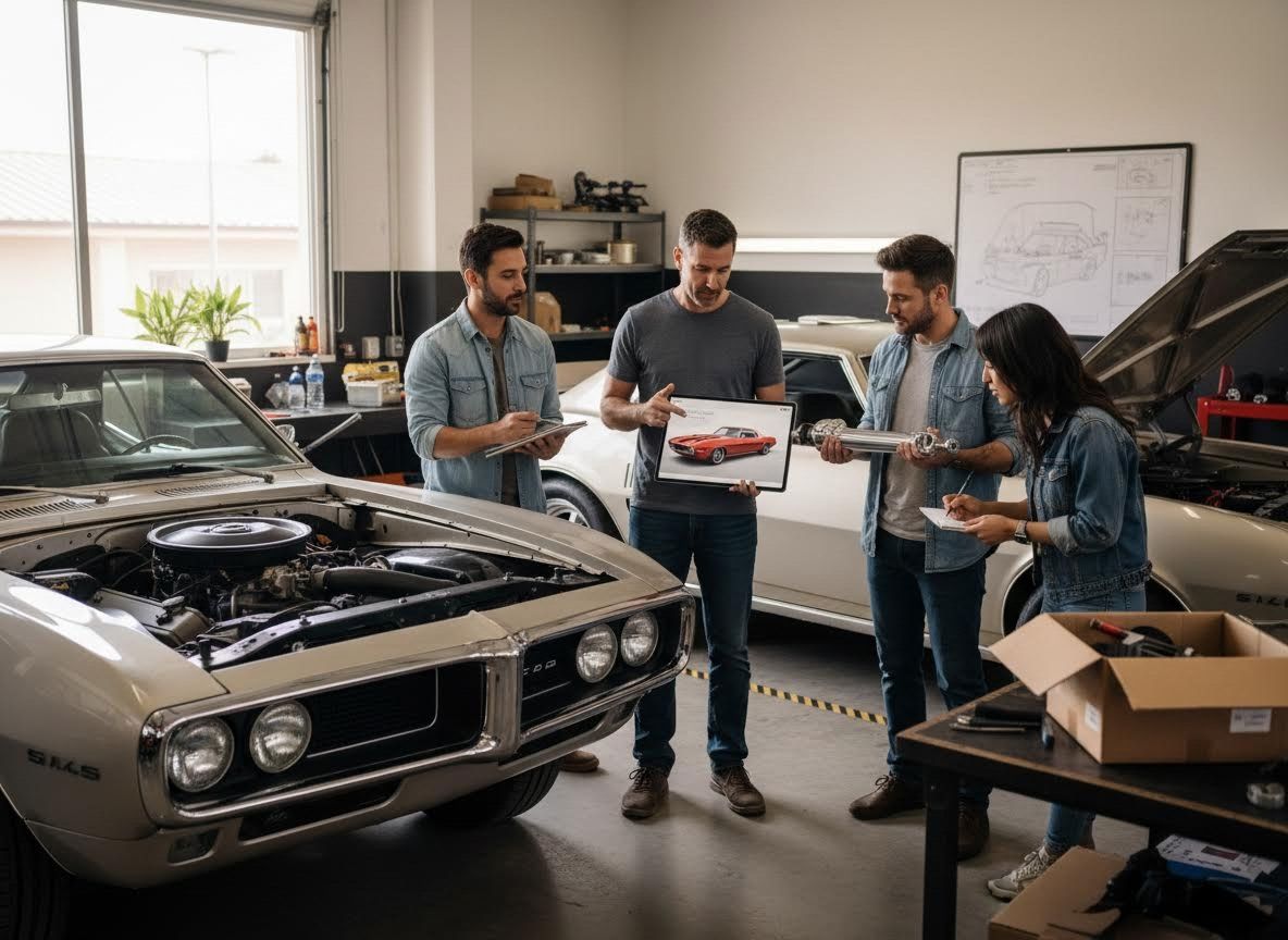 Team discussing classic car restoration in a garage