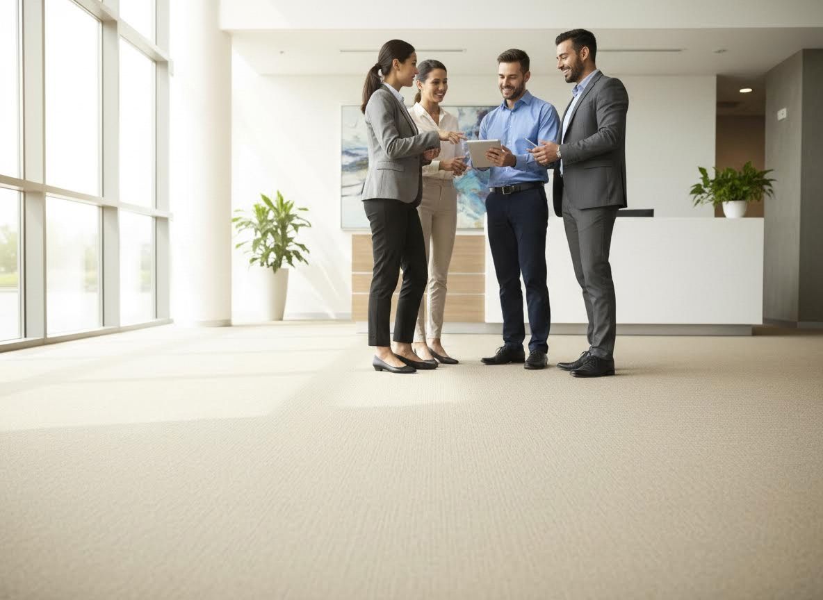 Business professionals discussing on tablet in modern office