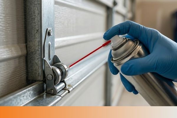 A close up of a hand spraying grease in garage door hinges
