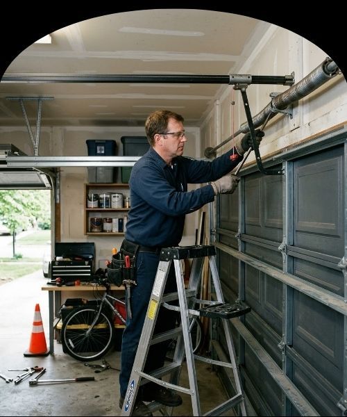 A technician working on repairing the springs on a garage door