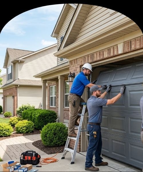 Two technicians installing a garage door on a home