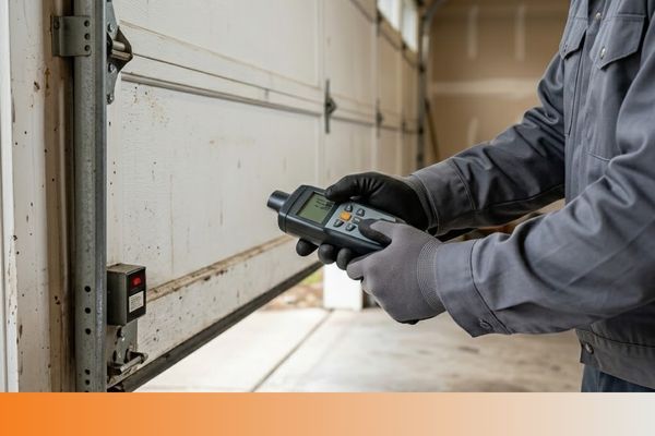 A technician using a remote to work on a garage