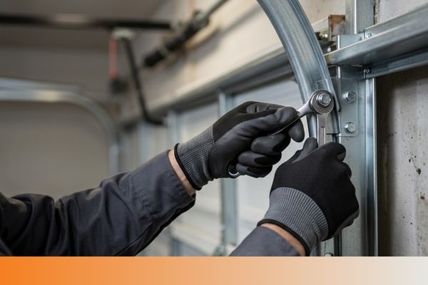 A close up of hands installing garage door tracks